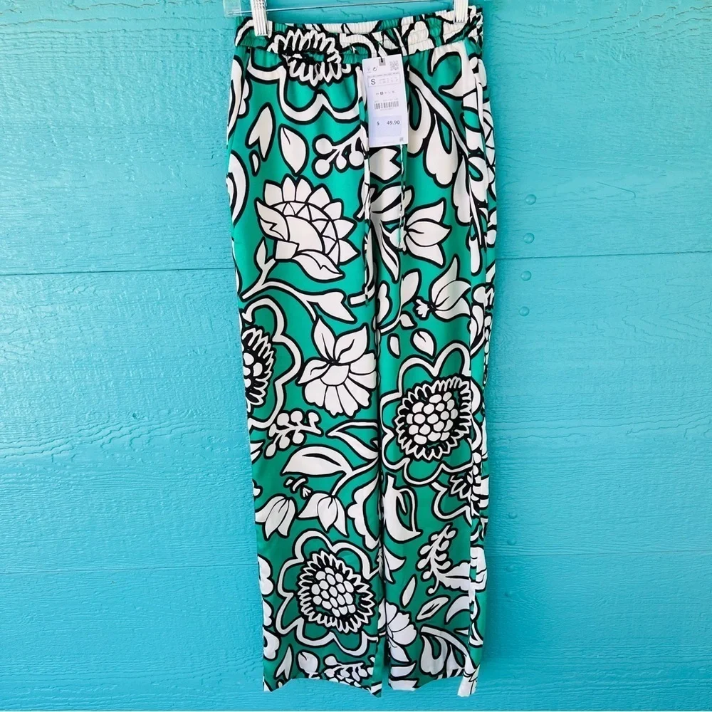 ZARA SATIN PALAZZO PANTS FLORAL PRINT ELASTIC WAIST SIZE SMALL KELLY GREEN  NWT